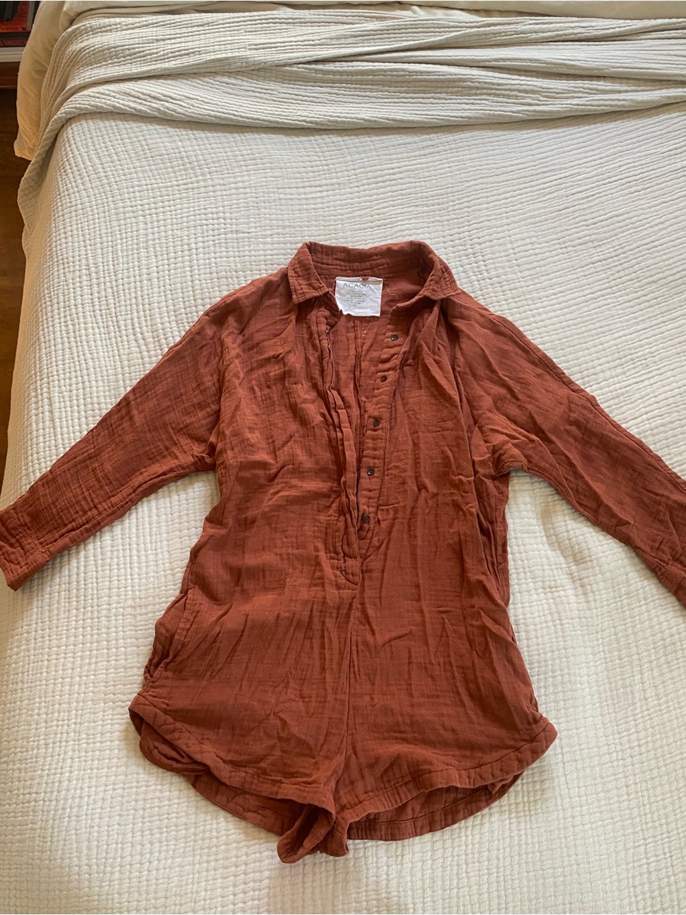 acacia swimwear Rust-Colored Cotton Gauze Button Up Romper w/ pockets